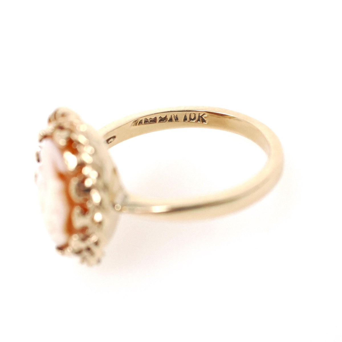 Vintage Cameo Ring - Mid Century 10k Yellow Gold Carved Shell Twisted Rope Halo Style - Circa 1960s Size 6 3/4 Woman's Profile Fine Jewelry