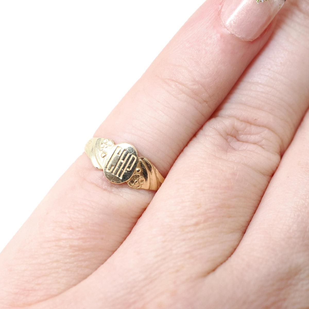 Signet Baby Ring - Retro 10k Yellow Gold Engraved "CHP" Initials - Vintage Circa 1940s Era Size 2 Children's Pinky Midi Fine Jewelry