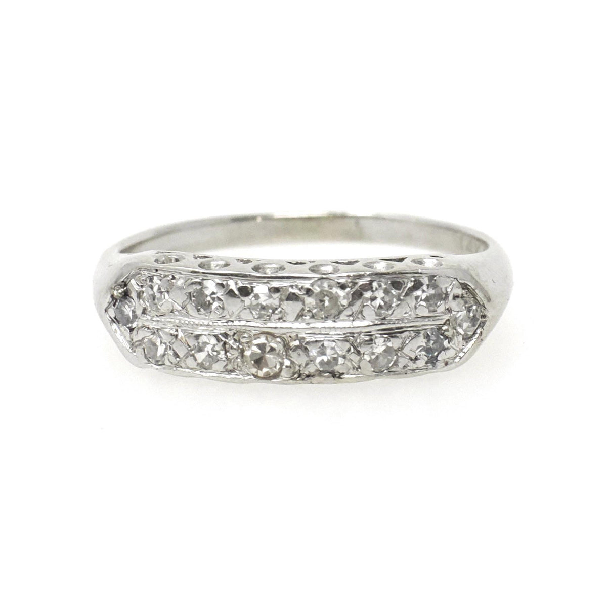 Mid Century Diamond Ring - Vintage 14k White Gold .27 CTW Two Row Wedding Band - Circa 1950s Size 7 Fine Stacking Anniversary Bridal Jewelry