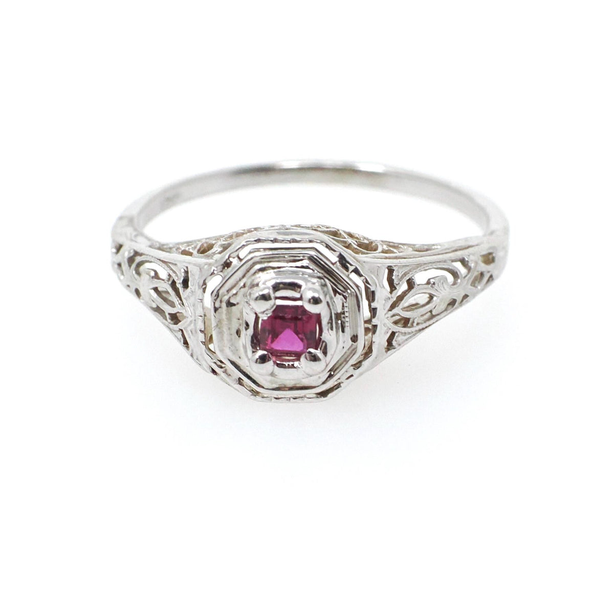 Vintage Ruby Ring - Art Deco 18k White Gold Natural Red Square Step Cut Gemstone - Circa 1930s Era Size 5 3/4 Flower Filigree Fine Jewelry