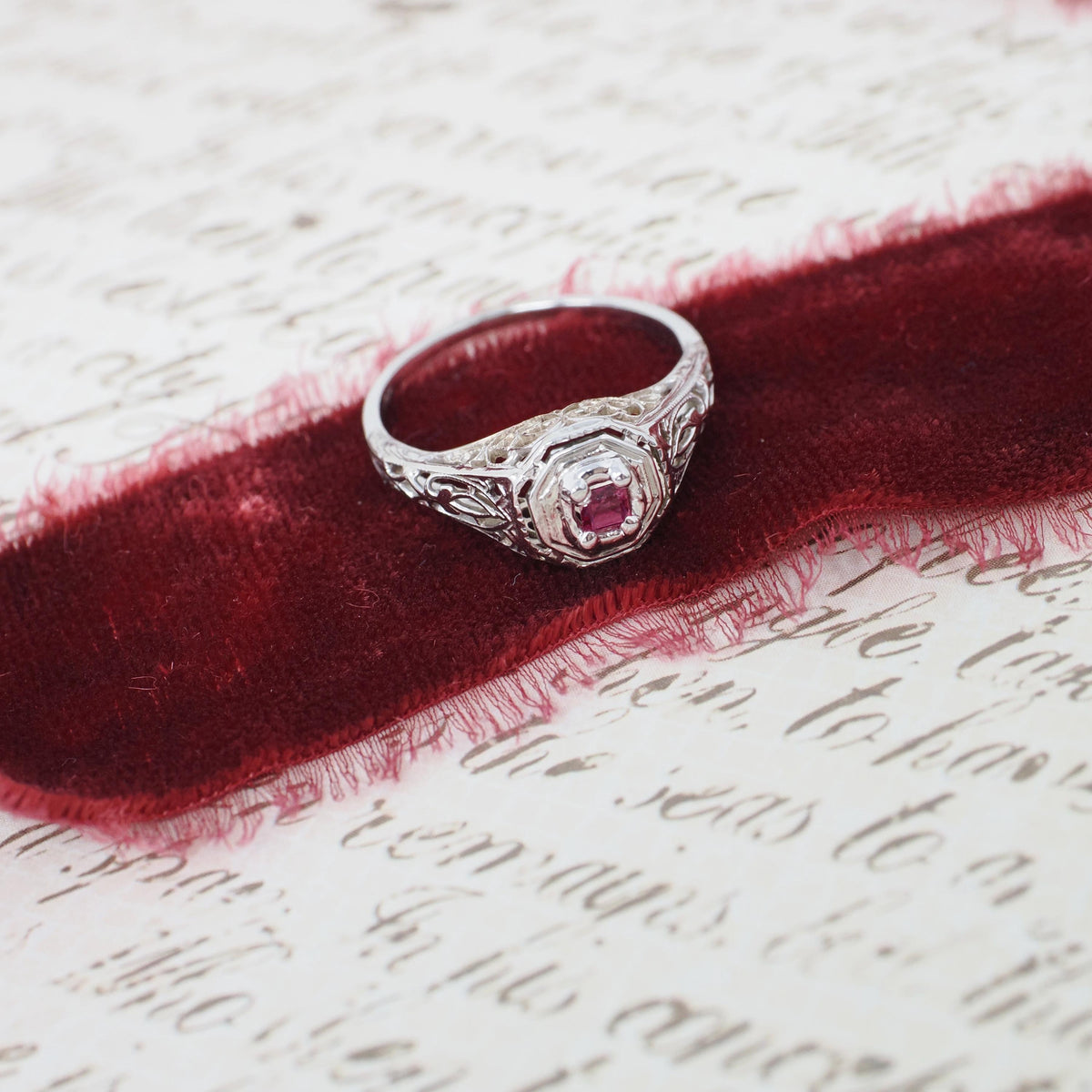 Vintage Ruby Ring - Art Deco 18k White Gold Natural Red Square Step Cut Gemstone - Circa 1930s Era Size 5 3/4 Flower Filigree Fine Jewelry