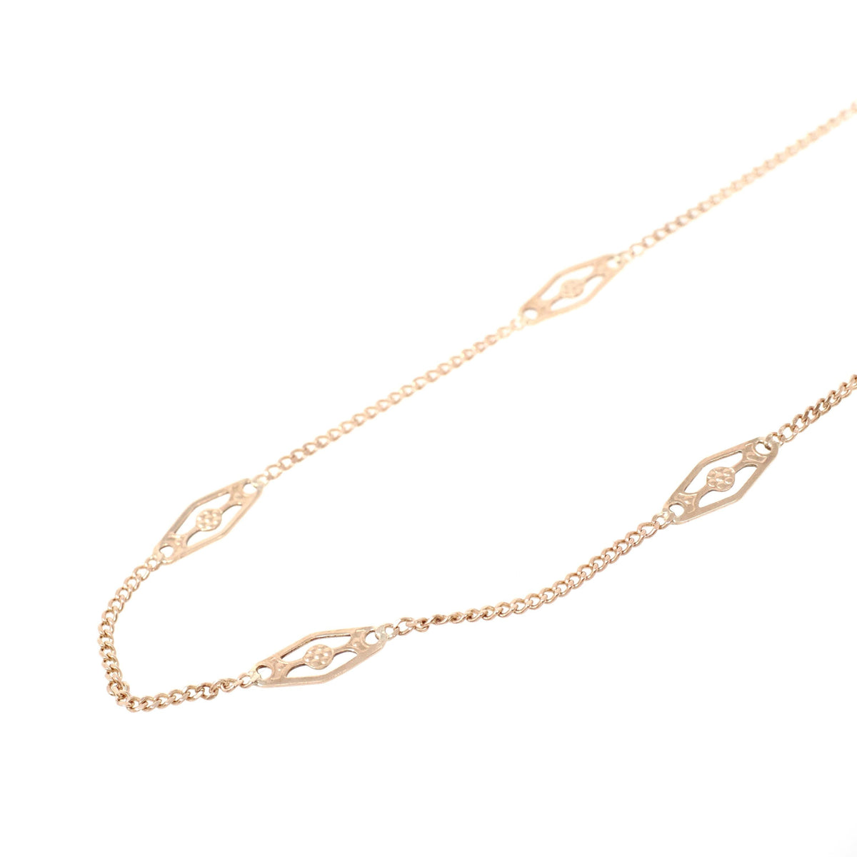 Vintage Station Necklace - Modernist 10k Yellow Gold Orange Blossom Chain - Circa 1970s Era 18 1/2 Inches Spring Ring Clasp Fine Jewelry