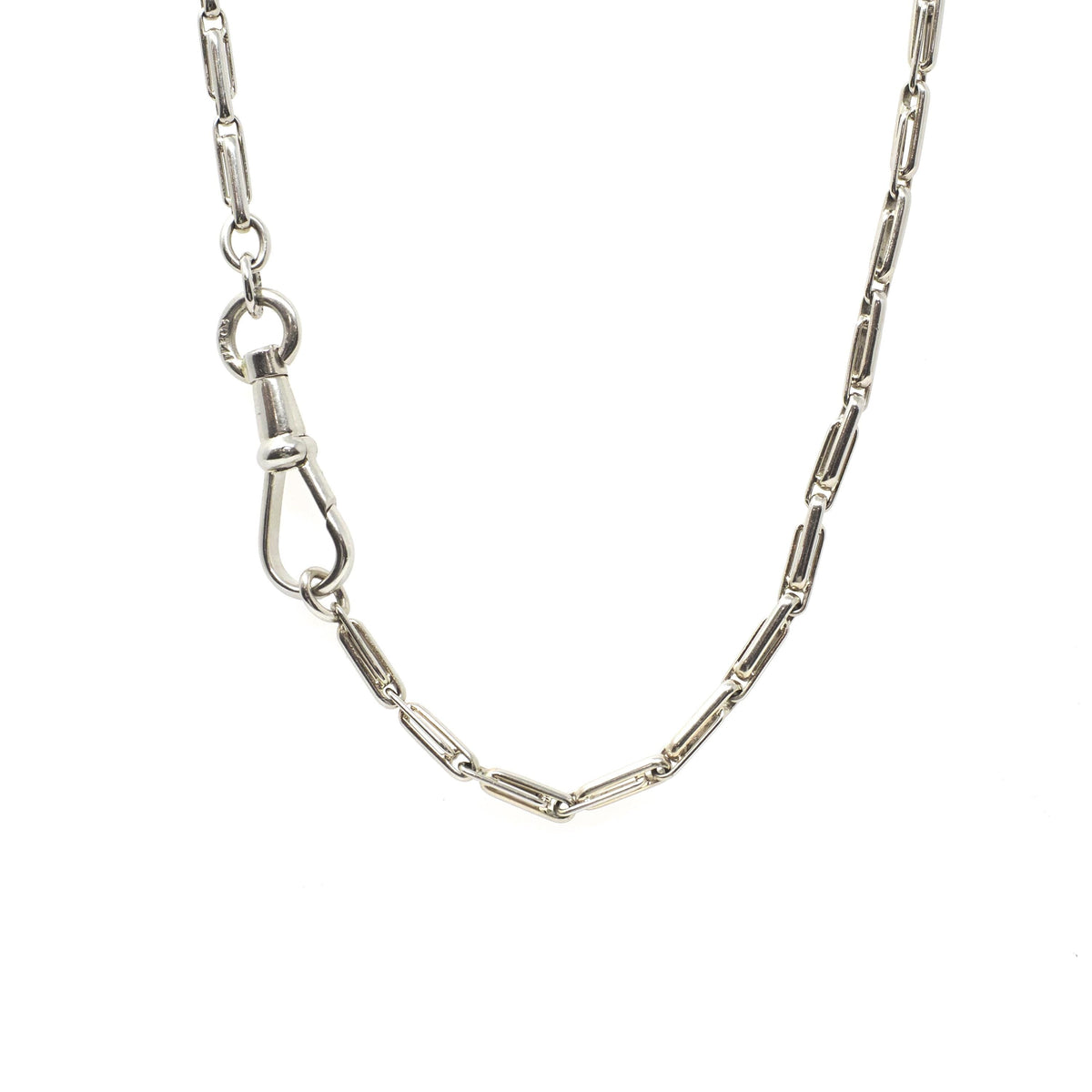 Pocket Watch Chain - Art Deco 14k White Gold Dog Clip Bar Link Necklace - Antique Circa 1920s Era Accessory Fine Versatile Unisex Jewelry