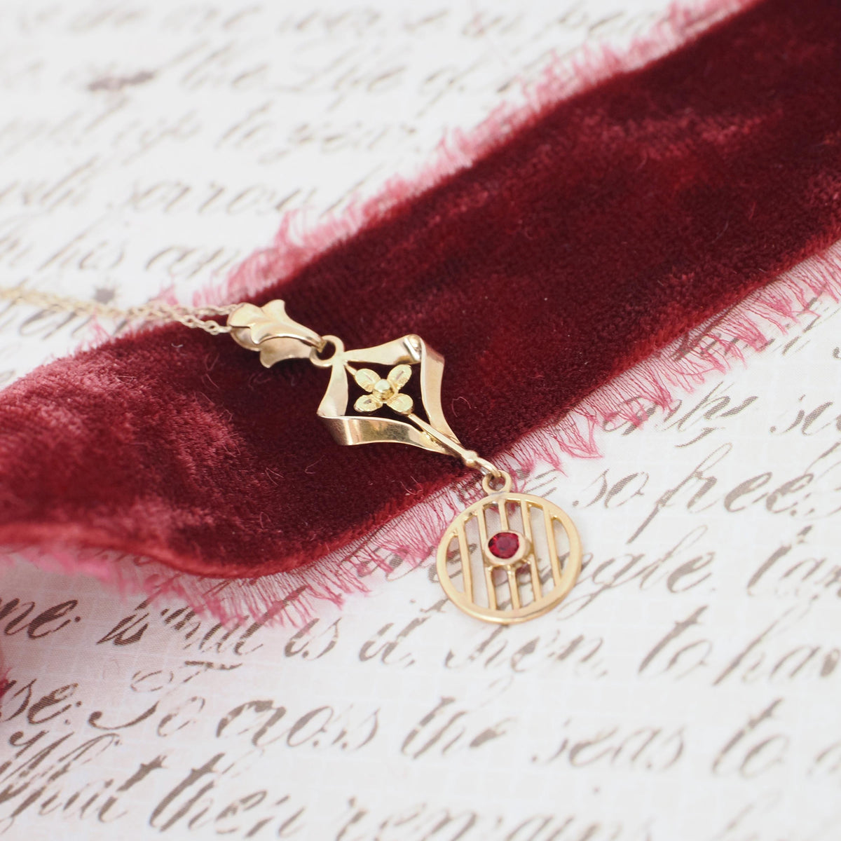 Antique Lavalier Necklace - Edwardian 10k Yellow Gold Simulated Garnet Red Glass Pendant - Vintage Circa 1910s Era Flower Fine Jewelry