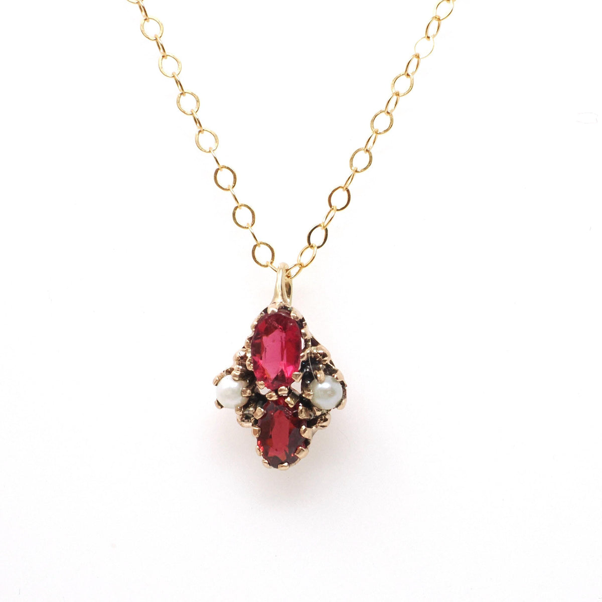 Garnet Doublet Charm Necklace - Victorian 10k Yellow Gold Red Glass Doublet Cultured Pearls Pendant - Antique Circa 1890s Era Fine Jewelry
