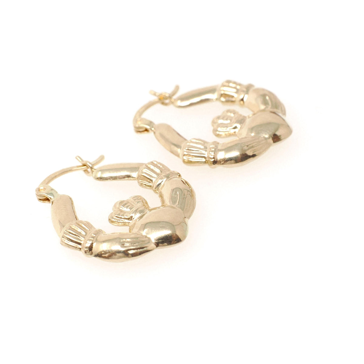 Claddagh Hoop Earrings - Estate 14k Yellow Gold Irish Heart Crown Clasped Hands - Modern Circa 2000s Era Love Loyalty Friendship Y2K Jewelry