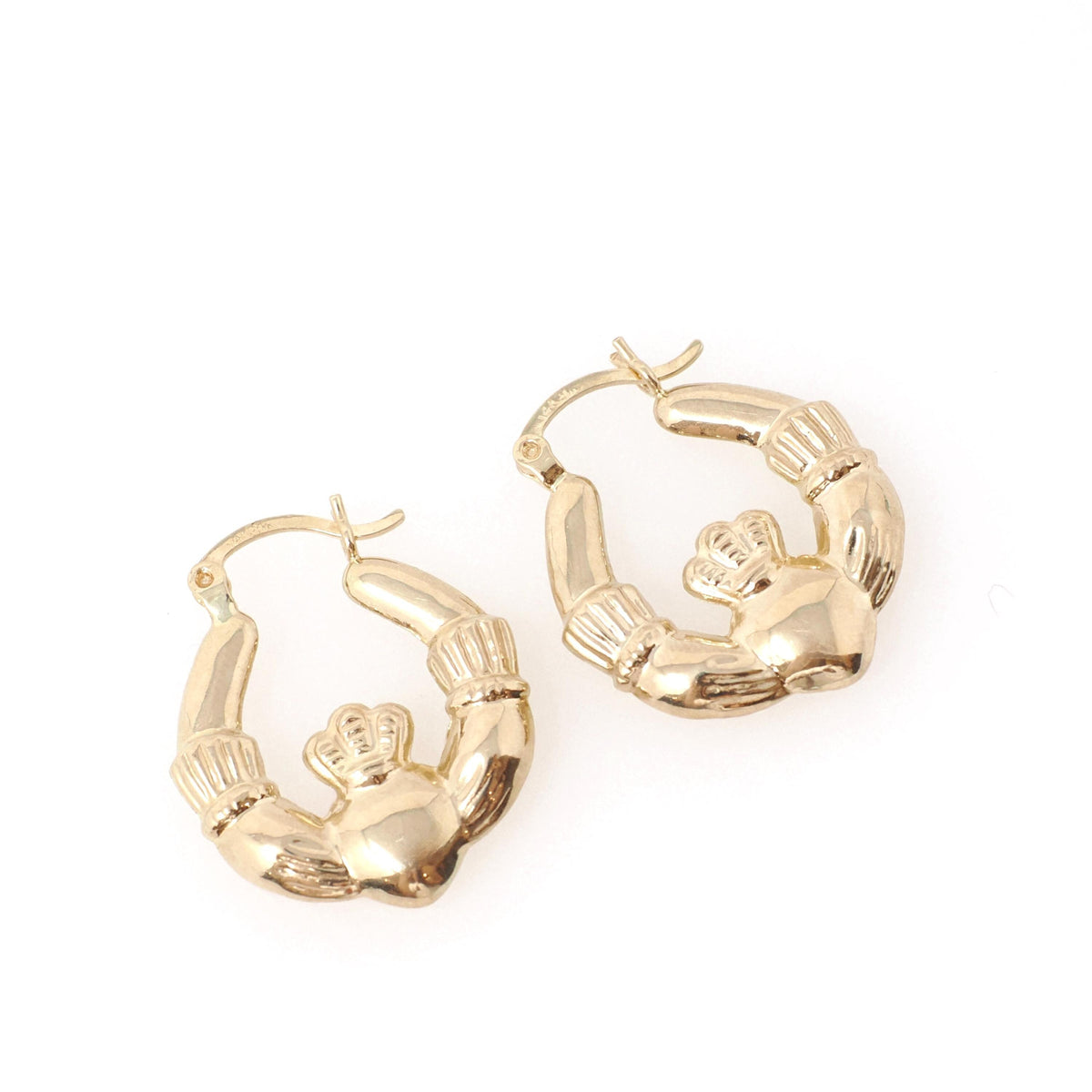 Claddagh Hoop Earrings - Estate 14k Yellow Gold Irish Heart Crown Clasped Hands - Modern Circa 2000s Era Love Loyalty Friendship Y2K Jewelry
