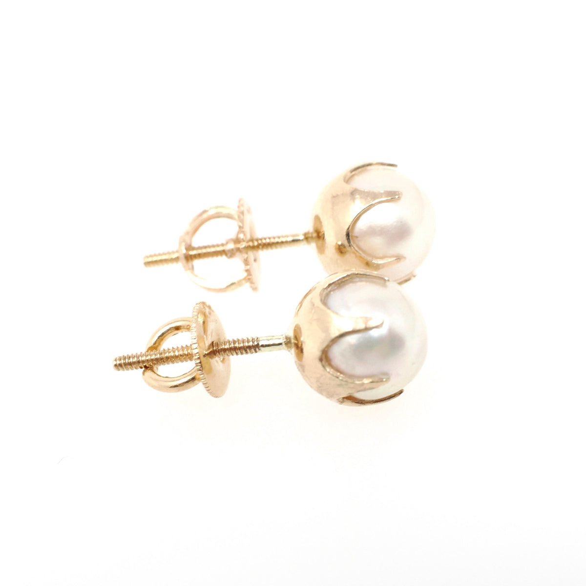 Cultured Pearl Earrings - Mid Century 10k Yellow Gold Round White Organic Gemstone Studs - Circa 1960s Era Fine Post June Birthstone Jewelry