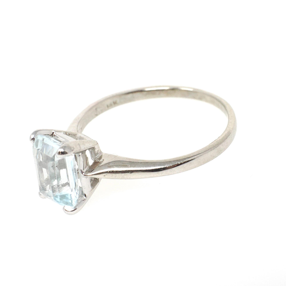 Aquamarine Solitaire Ring - Contemporary 14k White Gold Emerald Cut Natural Light Blue Gem - Circa 2000s Size 7 March Birthstone Jewelry