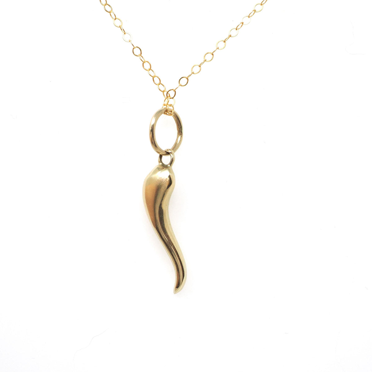 Italian Horn Charm - Contemporary 14k Yellow Gold Cornicello Good Luck Pendant Necklace - Circa 1990s Era Ward Off Evil Amulet Fine Jewelry