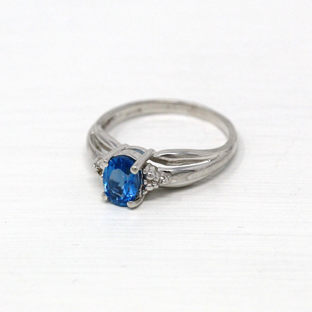 Sale - Created Blue Spinel & Diamond Ring - 10k White Gold Oval Cut 0.48 Carat Blue Gem - Modernist Estate Size 6 3/4 Fine Vintage Jewelry