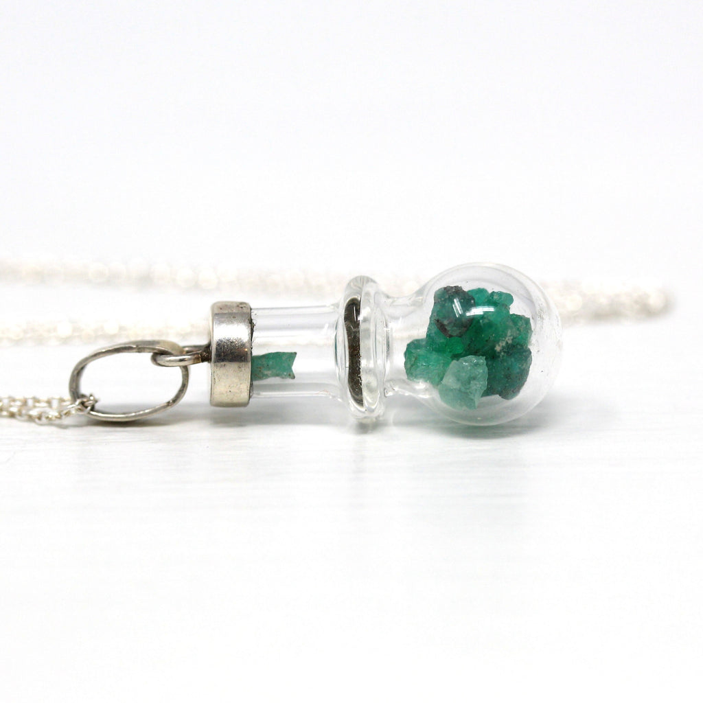 Sale - Vintage Emerald Pendant - Retro Sterling Silver Genuine Rough Green Gemstones Necklace - 1970s Pendant Shaker May Birthstone Jewelry