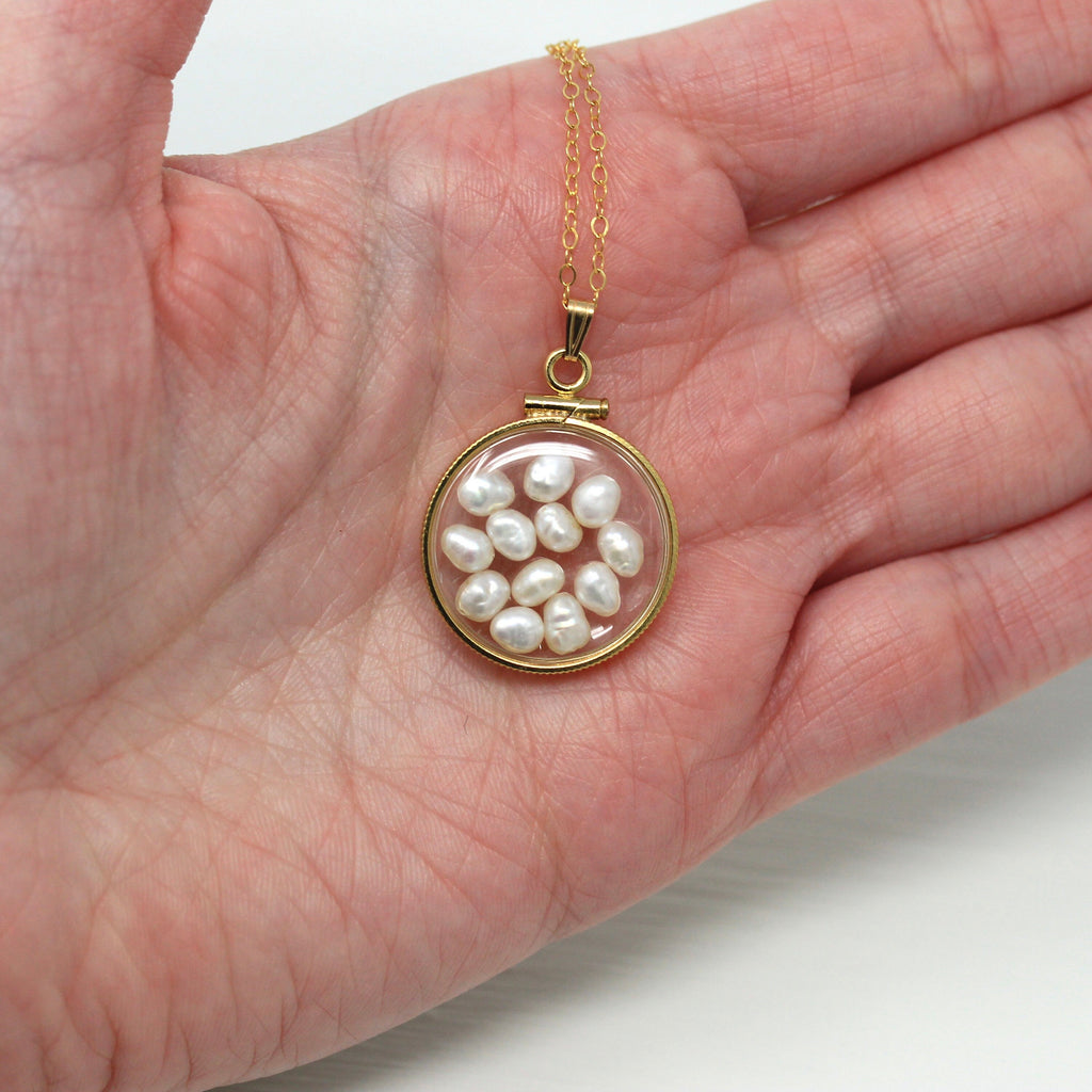 Baroque Pearl Shaker Locket - Handcrafted 14k Gold Filled Lucite Pendant Necklace Charm - June Birthstone Coin Bezel Nickel Sized Jewelry