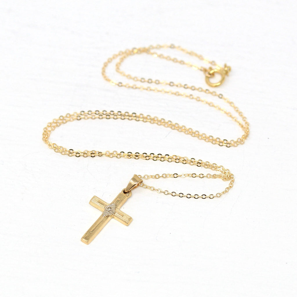 Sale - Vintage Cross Necklace - Retro 14k Yellow Gold Genuine .005 CT Diamond Pendant Charm - Circa 1940s Era Religious Faith Fine Jewelry