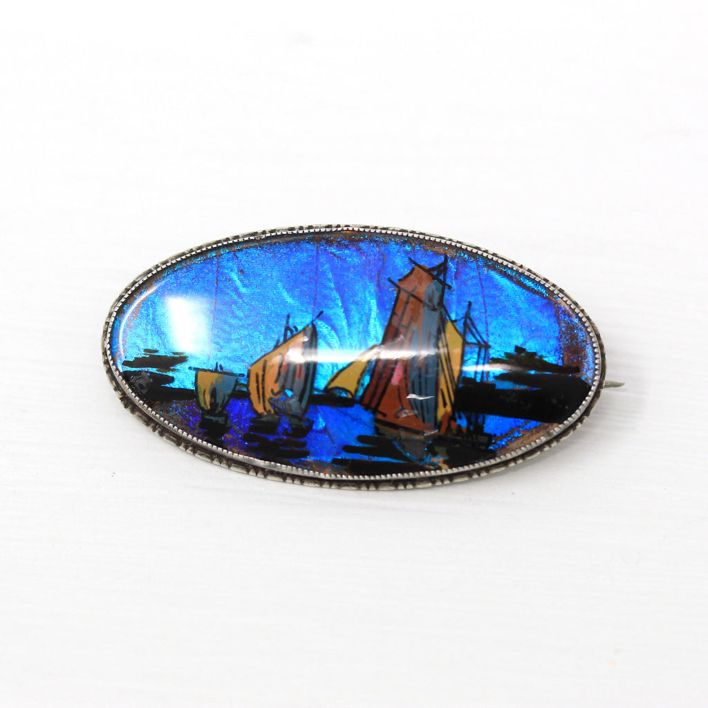 Sale - Morpho Butterfly Brooch - Art Deco Sterling Silver Reverse Painted Boats Bug Wing - Vintage Circa 1920s Thomas L Mott 925 Jewelry Pin