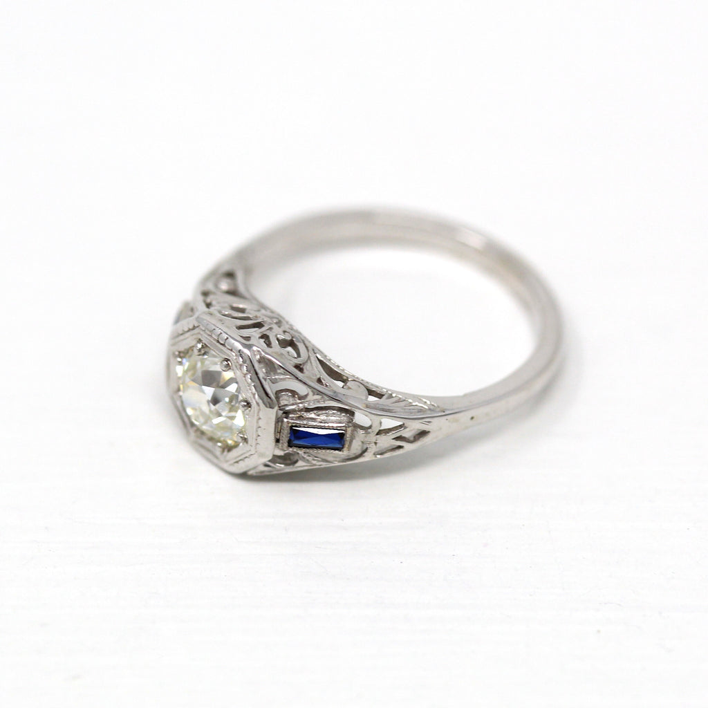 Sale - Art Deco Ring - Vintage 14k White Gold Old European Cut .69 Ct Diamond Created Sapphire - Circa 1930s Size 5 Fine Jewelry w/ Report