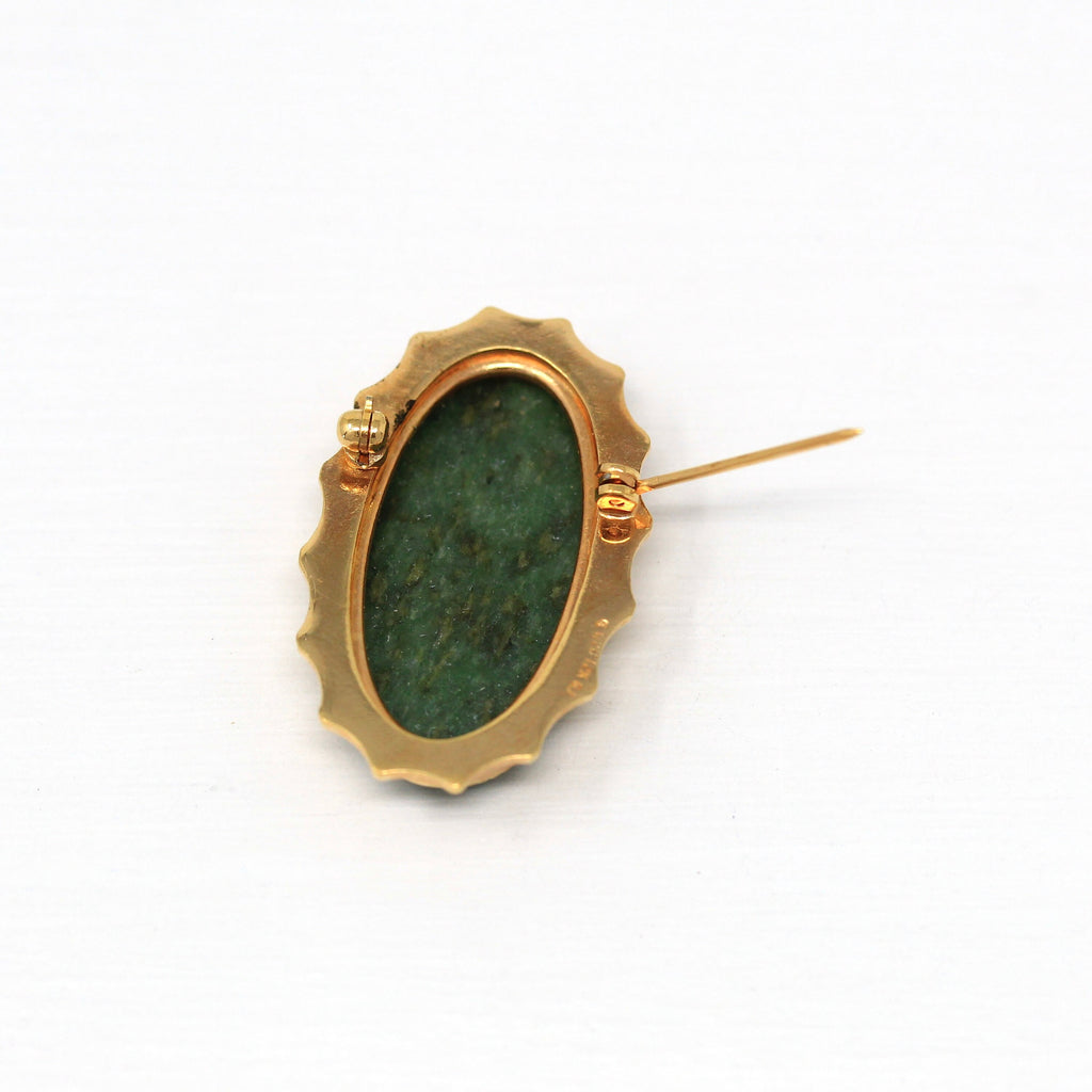 Sale - Genuine Serpentine Brooch - Retro 12k Gold Filled Marbled Green Oval Gem Pin - Vintage 1960s Era Statement Fashion Accessory Jewelry