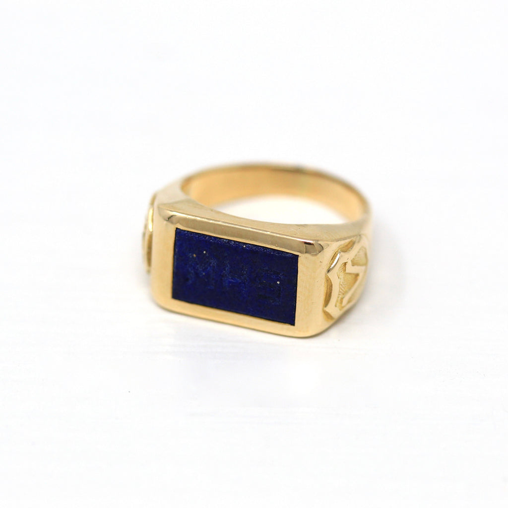 Carved Initials 'MHS' Ring - Retro Era 14k Yellow Gold Genuine Blue Lapis Lazuli Gem - Vintage Circa 1940s Era Size 3.5 Fine Nu Chi Jewelry
