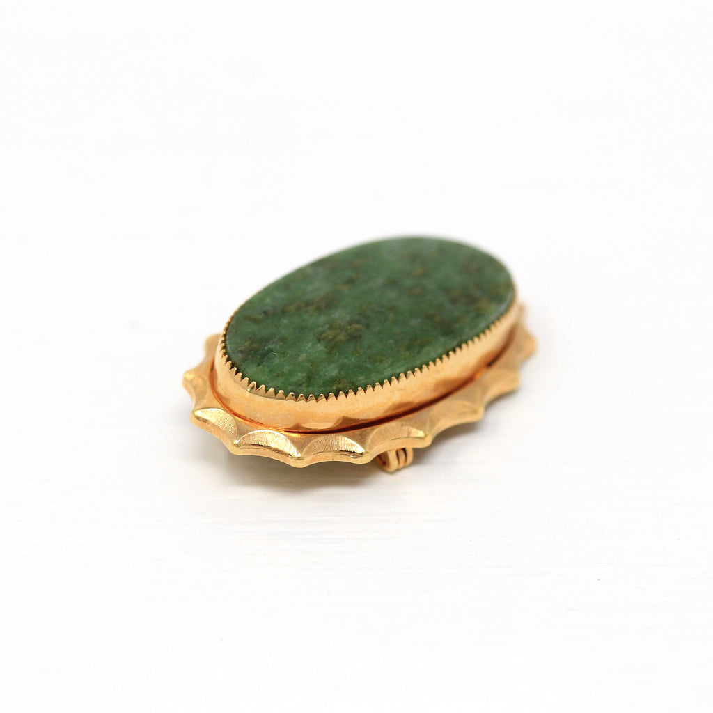 Sale - Genuine Serpentine Brooch - Retro 12k Gold Filled Marbled Green Oval Gem Pin - Vintage 1960s Era Statement Fashion Accessory Jewelry