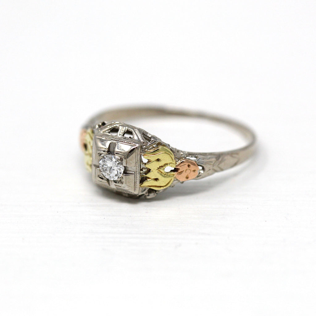 Sale - Vintage Diamond Ring - Art Deco 18k White Gold Genuine .08 CT Gemstone - Antique Circa 1930s Size 5 3/4 Filigree Tri Color Jewelry