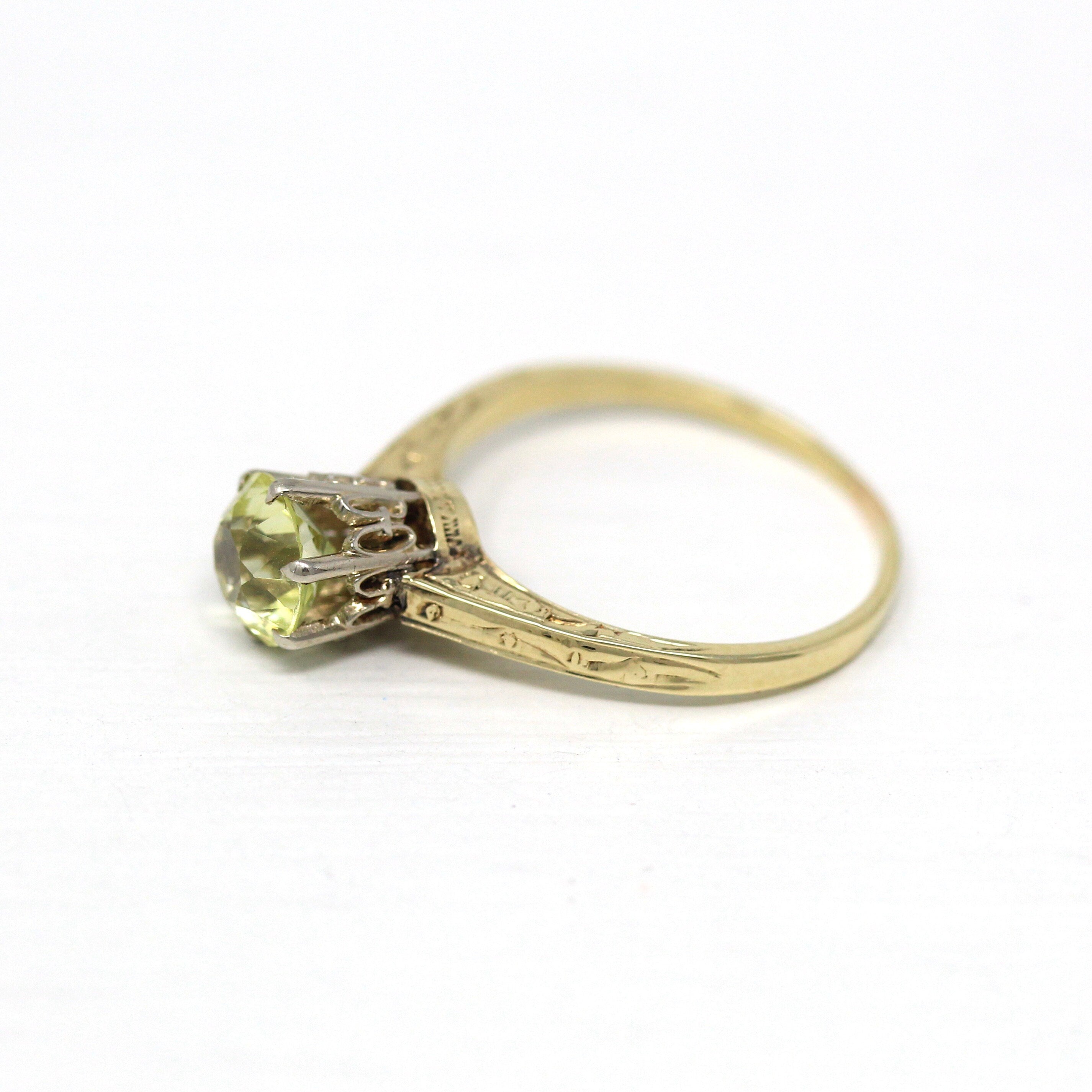 Vintage Engagement Ring - 14k Yellow & White Gold Created 1 CT Yellow Sapphire Solitaire - 1930s Size 5.25 Art Deco Fine Engagement Jewelry