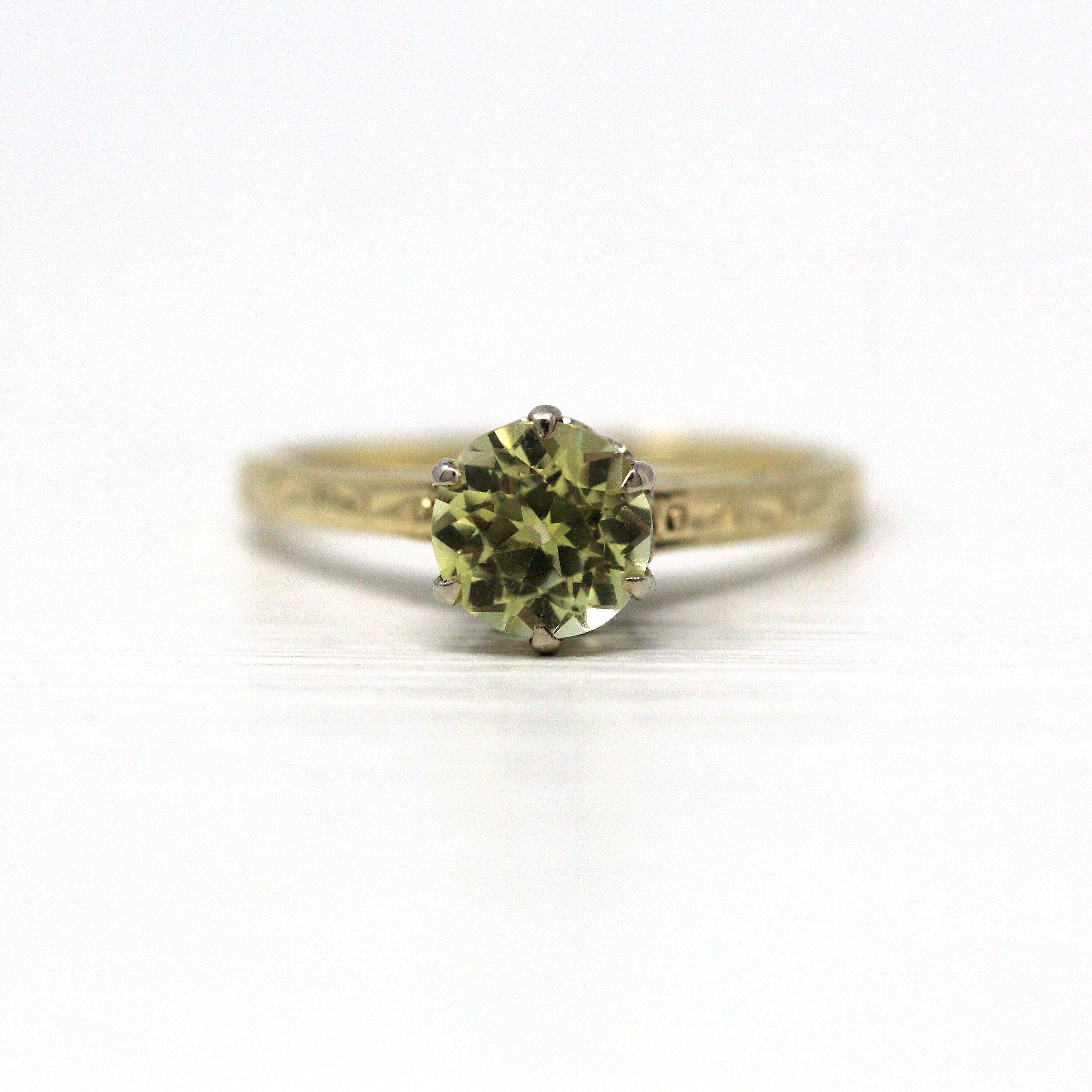 Vintage Engagement Ring - 14k Yellow & White Gold Created 1 CT Yellow Sapphire Solitaire - 1930s Size 5.25 Art Deco Fine Engagement Jewelry