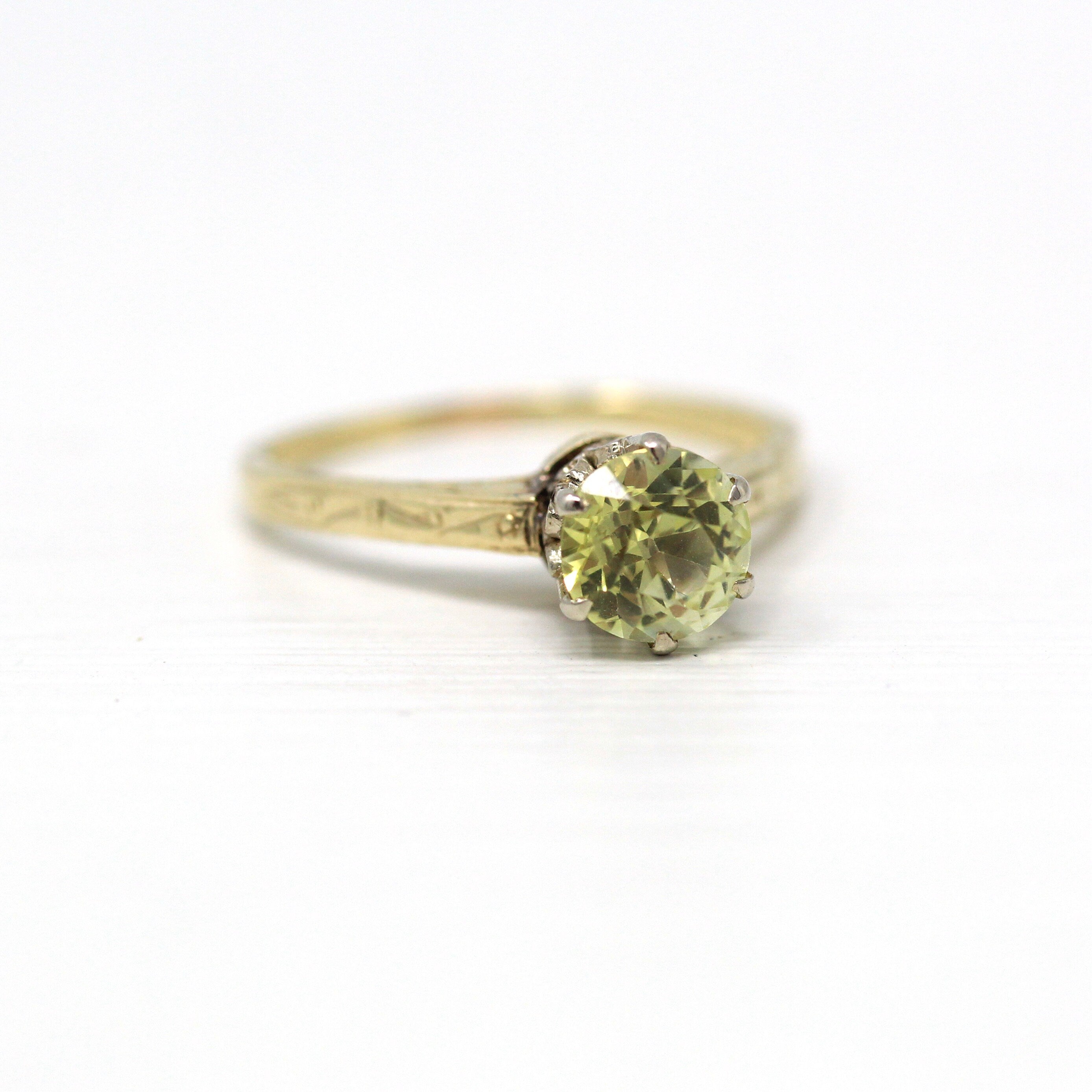 Vintage Engagement Ring - 14k Yellow & White Gold Created 1 CT Yellow Sapphire Solitaire - 1930s Size 5.25 Art Deco Fine Engagement Jewelry