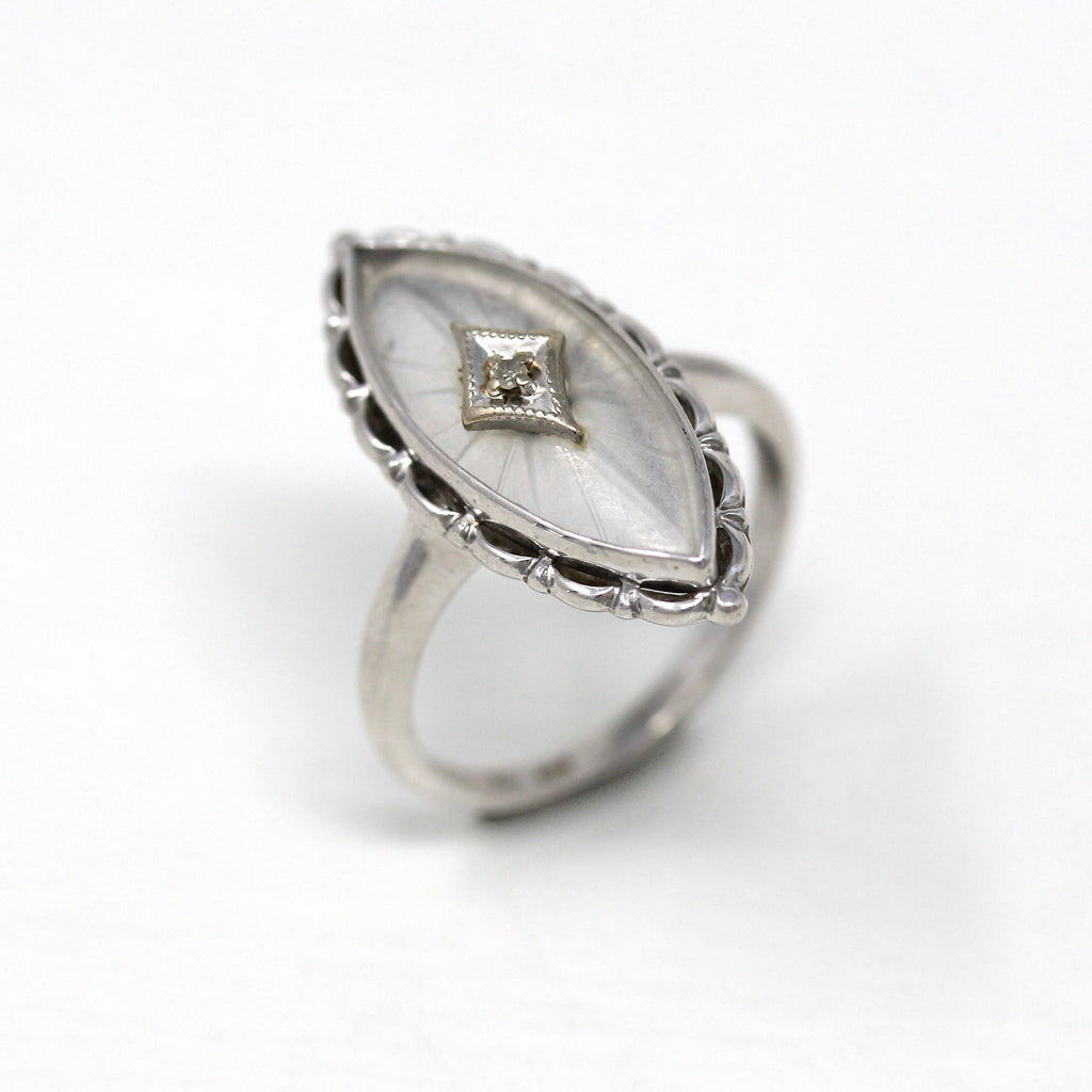 Sale - Rock Crystal Quartz Ring - Vintage Retro Era 10k White Gold Genuine Diamond Statement - Circa 1940s Size 5.5 Navette Shaped Jewelry