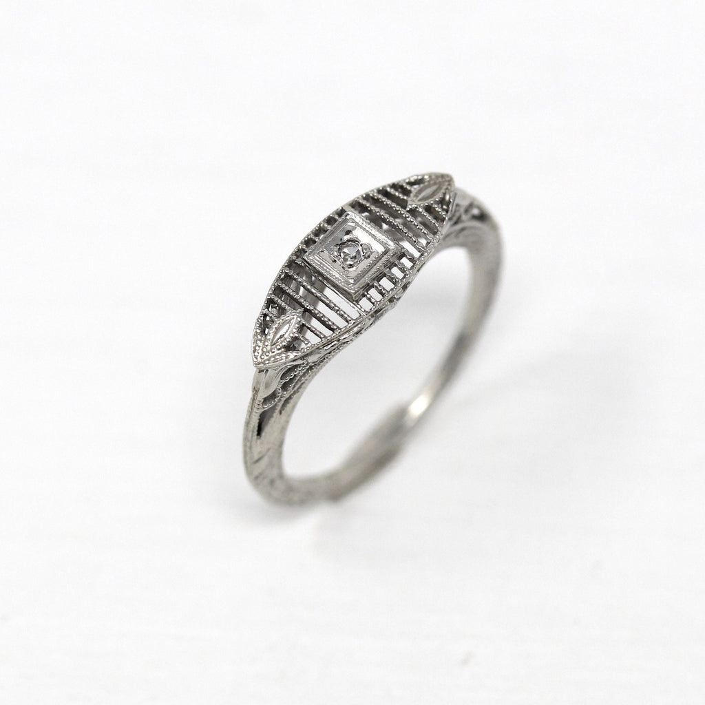 Diamond Filigree Ring - Antique Art Deco Era 14k White Gold & Genuine Gem Lacy Milgrain Details - Vintage Circa 1930s Size 4.75 Fine Jewelry
