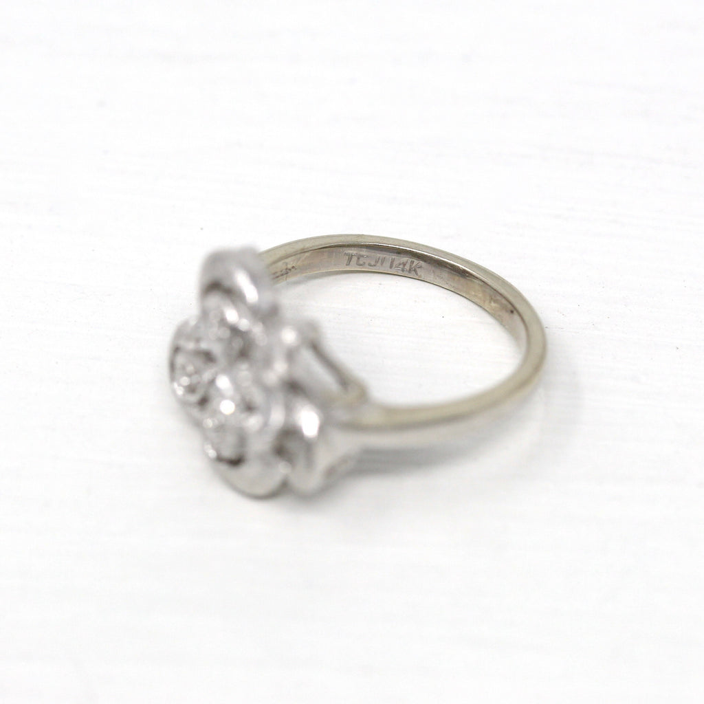Mid Century Ring - Vintage 14k White Gold Genuine .03 CT Diamond Gemstone Statement - Circa 1950s Era Size 6 Cluster Design Fine Gem Jewelry