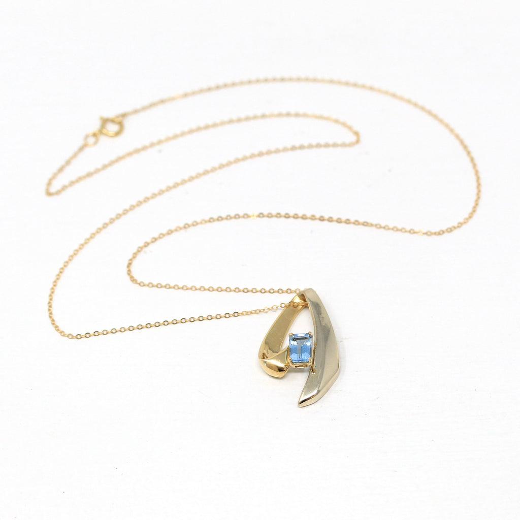 Genuine Aquamarine Pendant - Estate 14k Yellow Gold Blue 1.12 CT Gemstone Necklace - Modern Circa 1990s Era March Birthstone Fine Jewelry