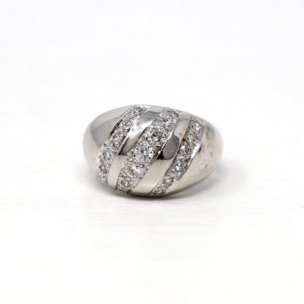 Diamond Bombé Ring - Retro 14k White Gold Genuine .70 CTW Gemstones - Vintage Circa 1960s Era Size 8 1/2 Statement Domed Style Fine Jewelry