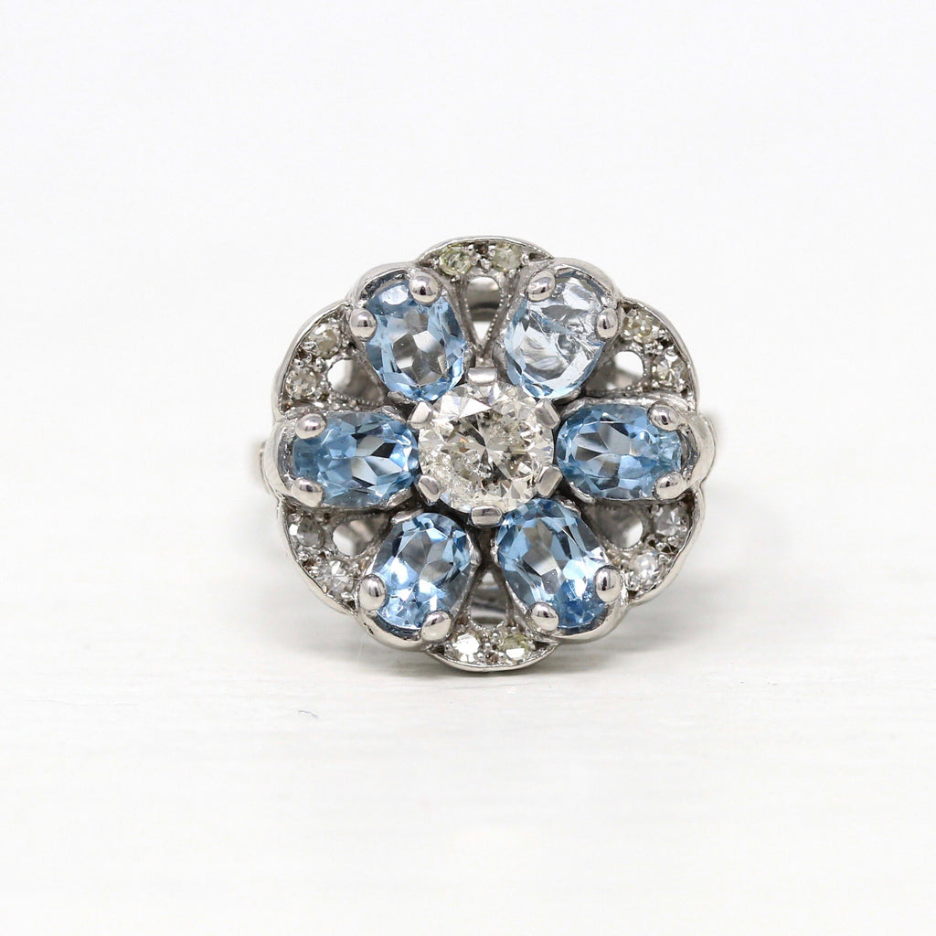 Floral Gemstone Cocktail Ring - Mid Century Era Genuine Diamond & Aquamarine Gems - Circa 1950s Statement Flower Design Fine Jewelry Report