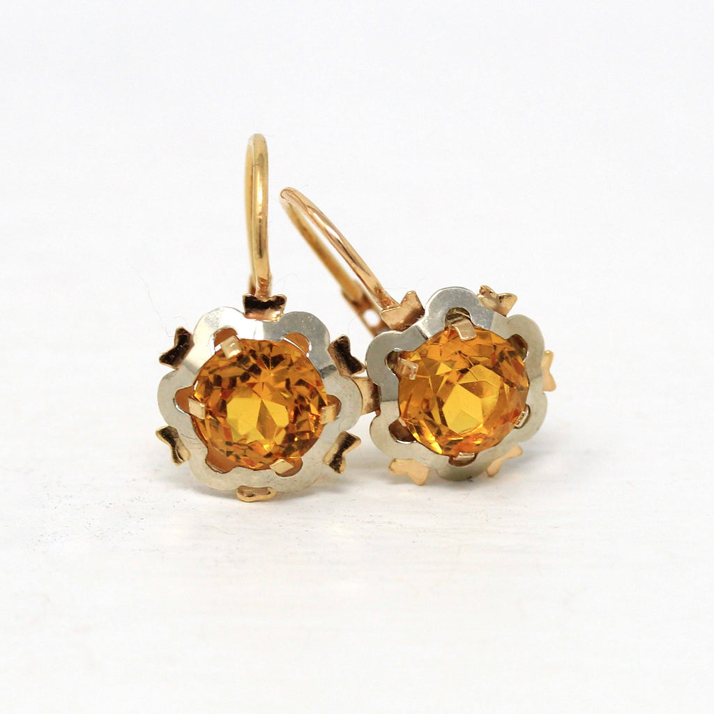 Simulated Citrine Earrings - Modern 18k Yellow & White Gold Lever Back Dangle - Circa 1990s Era Flower Orange Glass Statement Fine Jewelry