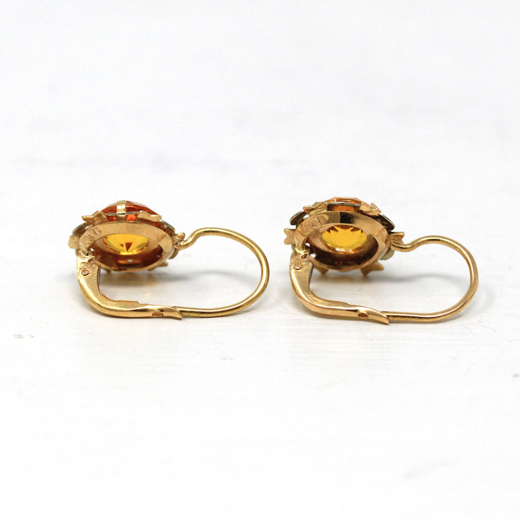 Simulated Citrine Earrings - Modern 18k Yellow & White Gold Lever Back Dangle - Circa 1990s Era Flower Orange Glass Statement Fine Jewelry