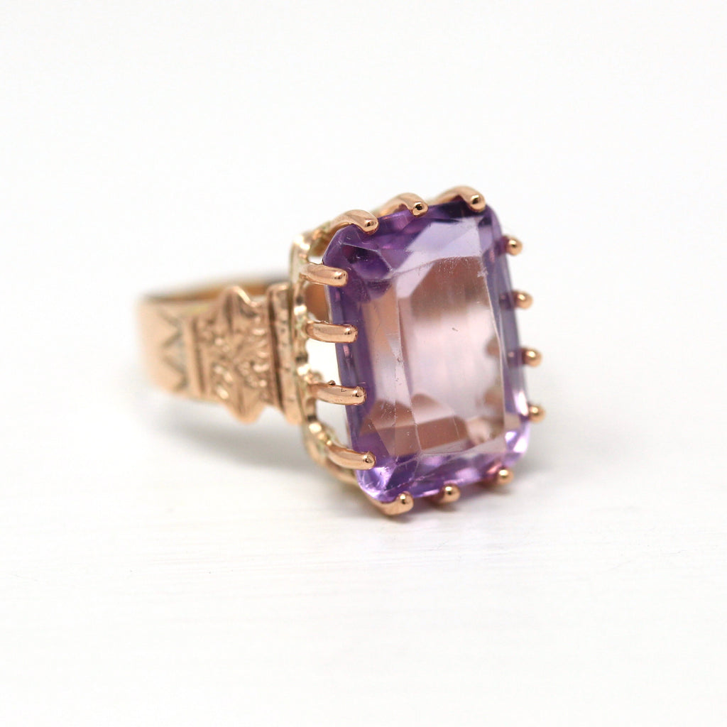 Genuine Amethyst Ring - Victorian Era 10k Rosy Yellow Gold Faceted Purple 7 CT Gemstone - Antique Circa 1890s Size 6 Fine Statement Jewelry