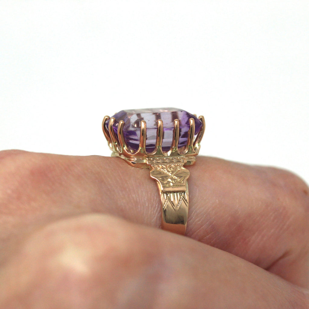 Genuine Amethyst Ring - Victorian Era 10k Rosy Yellow Gold Faceted Purple 7 CT Gemstone - Antique Circa 1890s Size 6 Fine Statement Jewelry