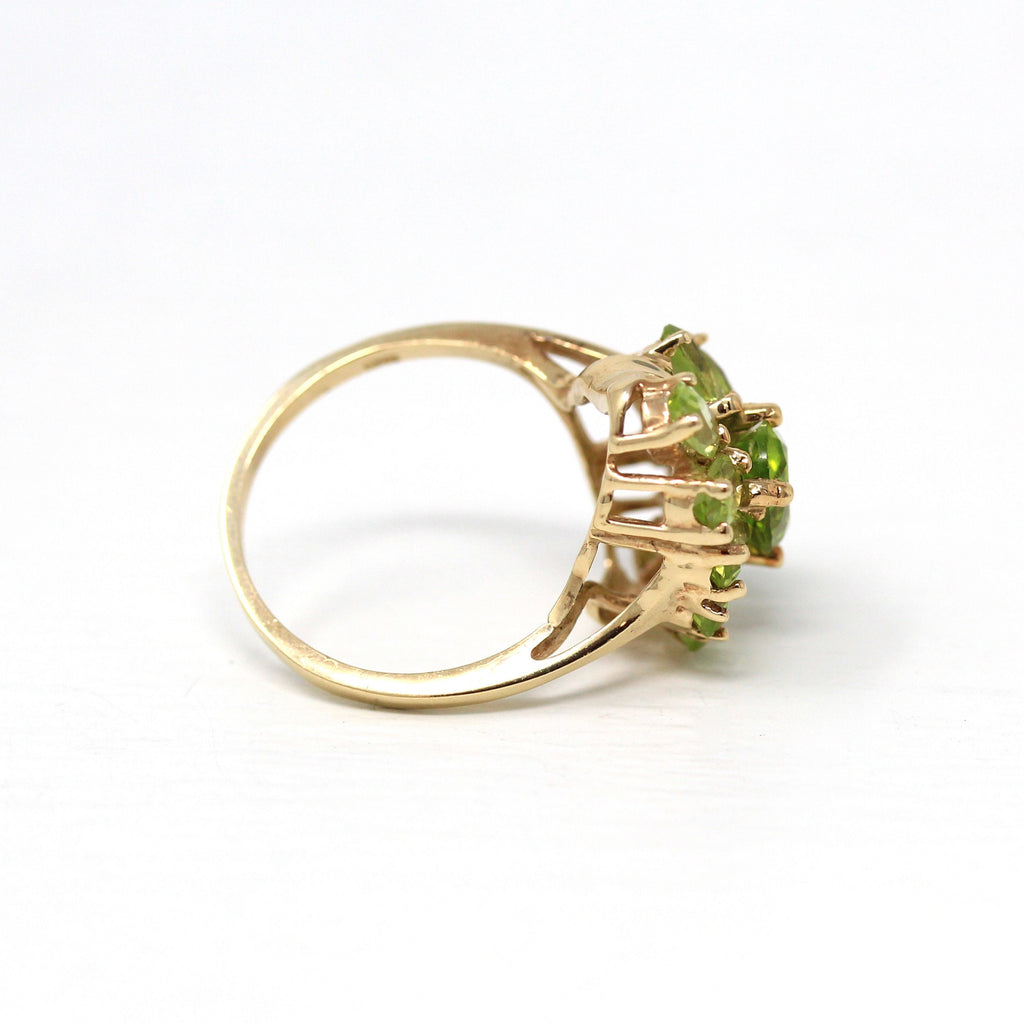 Genuine Peridot Ring - Estate 10k Yellow Gold Oval Faceted 3.95 CTW Green - Modern 2000's Era Size 7 August Birthstone Cluster Fine Jewelry