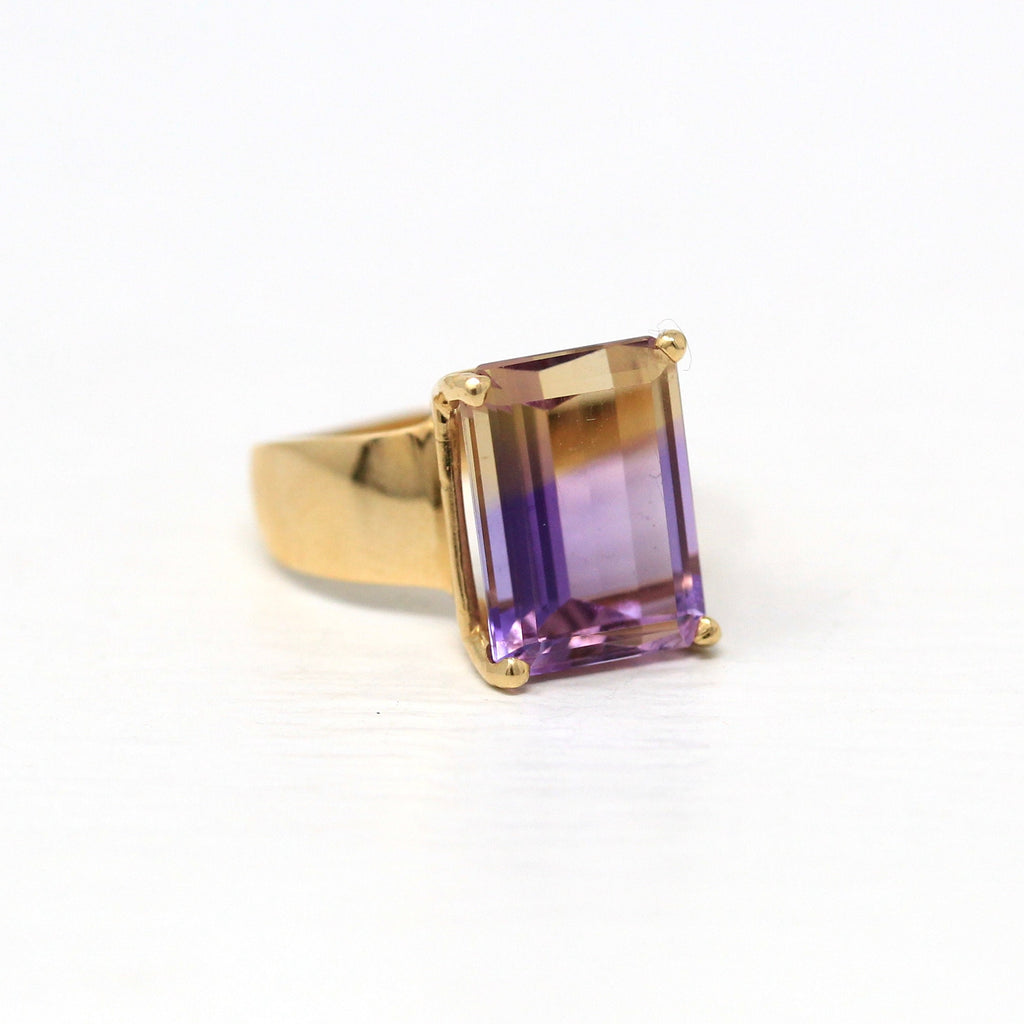 Genuine Ametrine Ring - 14k Yellow Gold Statement 7 CT Multi Color Gemstone - Modern 2000s Size 6.75 Yellow Purple Solitaire Fine Jewelry