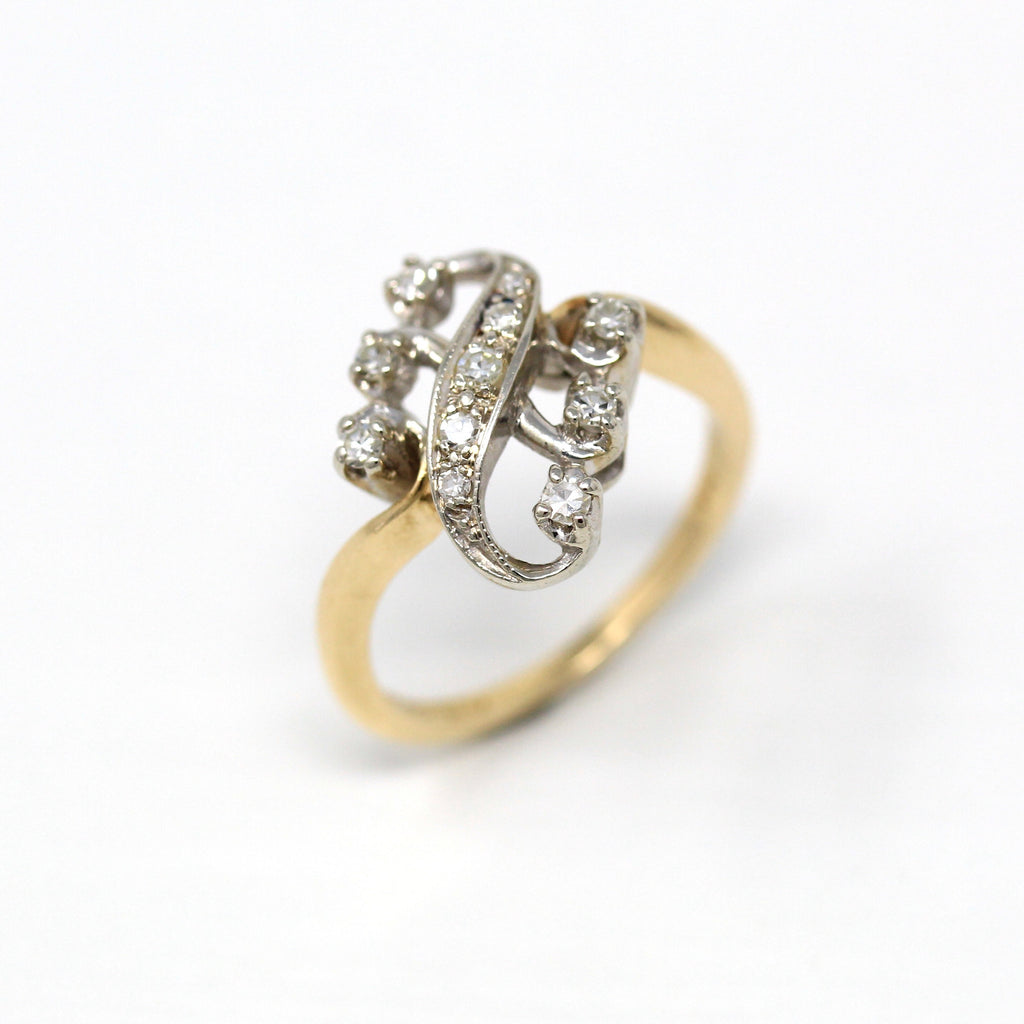 Vintage Diamond Ring - Retro 14k Yellow & White Gold Two Tone .16 CTW Statement - Circa 1940s Era Size 6 Anniversary Cocktail Fine Jewelry
