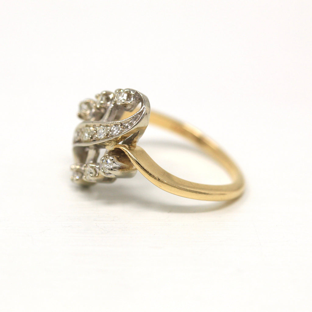 Vintage Diamond Ring - Retro 14k Yellow & White Gold Two Tone .16 CTW Statement - Circa 1940s Era Size 6 Anniversary Cocktail Fine Jewelry