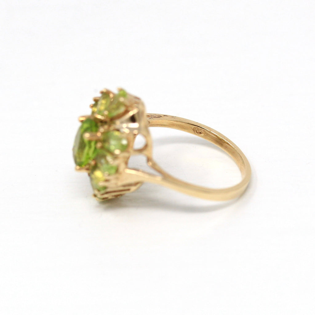 Genuine Peridot Ring - Estate 10k Yellow Gold Oval Faceted 3.95 CTW Green - Modern 2000's Era Size 7 August Birthstone Cluster Fine Jewelry