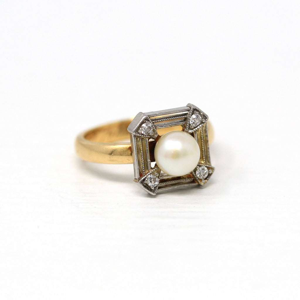 Cultured Pearl Ring - Edwardian 18k Yellow Gold Platinum .08 CTW Old Cut Diamonds - Dated 1908 Engraved "Dec. 31 1908" Size 5 3/4 Jewelry