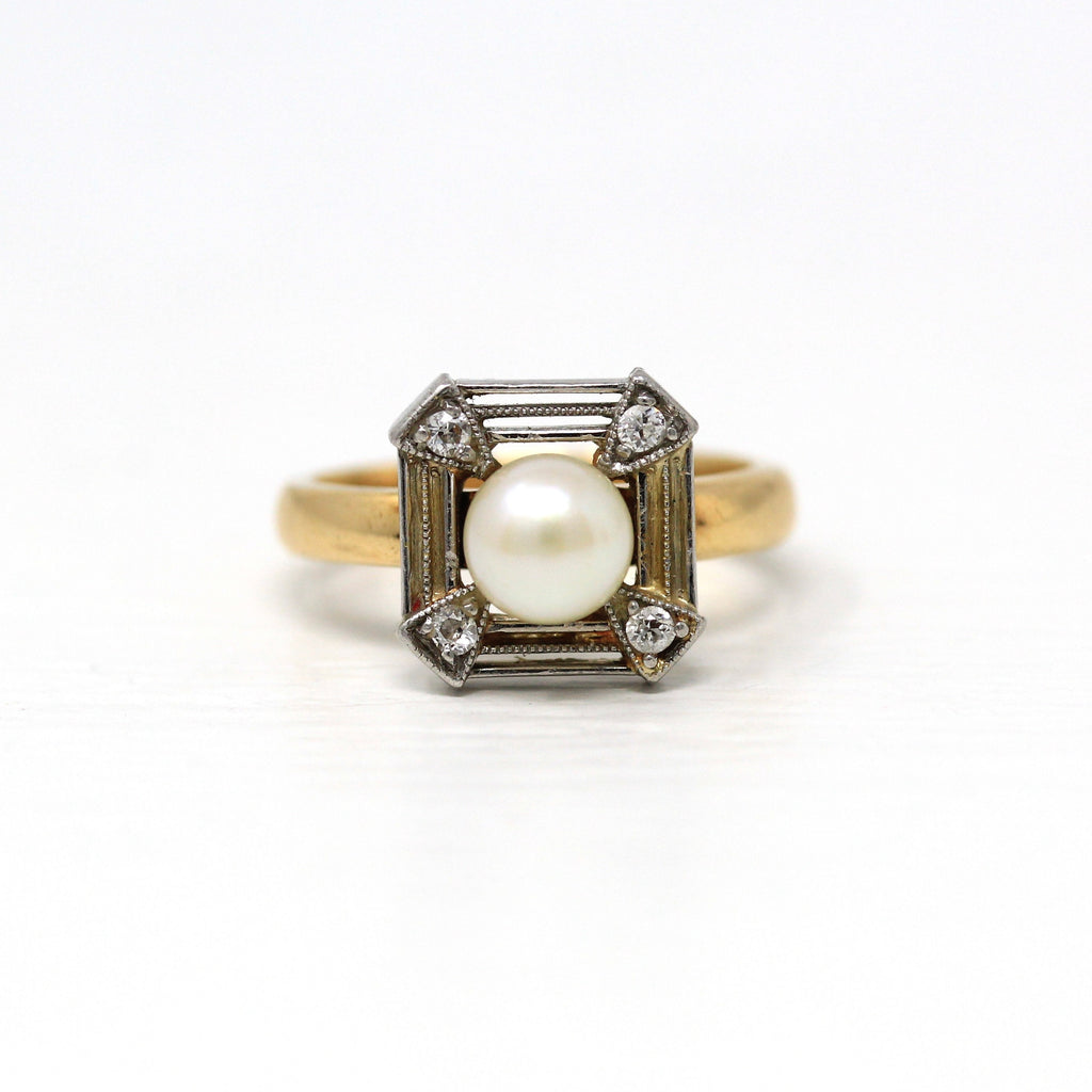 Cultured Pearl Ring - Edwardian 18k Yellow Gold Platinum .08 CTW Old Cut Diamonds - Dated 1908 Engraved "Dec. 31 1908" Size 5 3/4 Jewelry