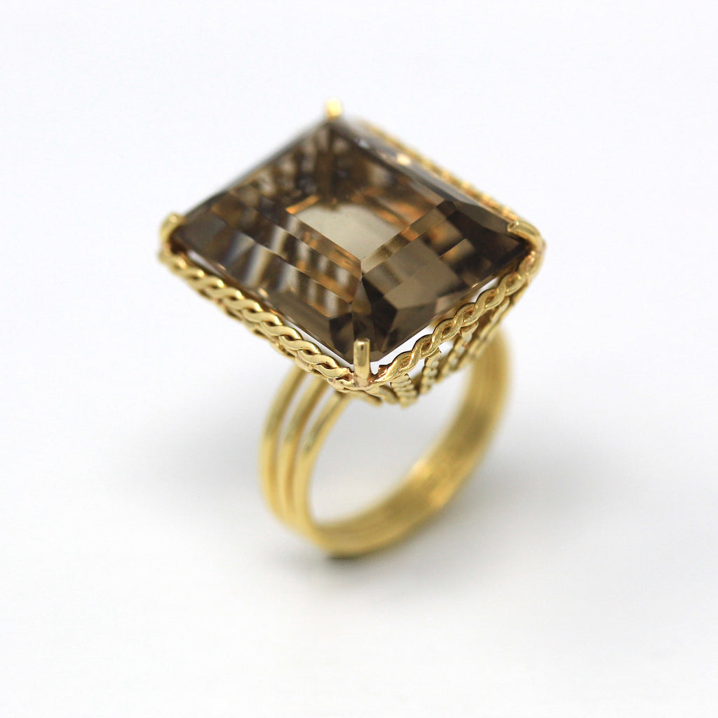 Smoky Quartz Ring - Retro 18k Yellow Gold Emerald Cut 19.28 CT Genuine Brown Gem - Vintage Circa 1970s Era Size 6 Rope Statement 70s Jewelry