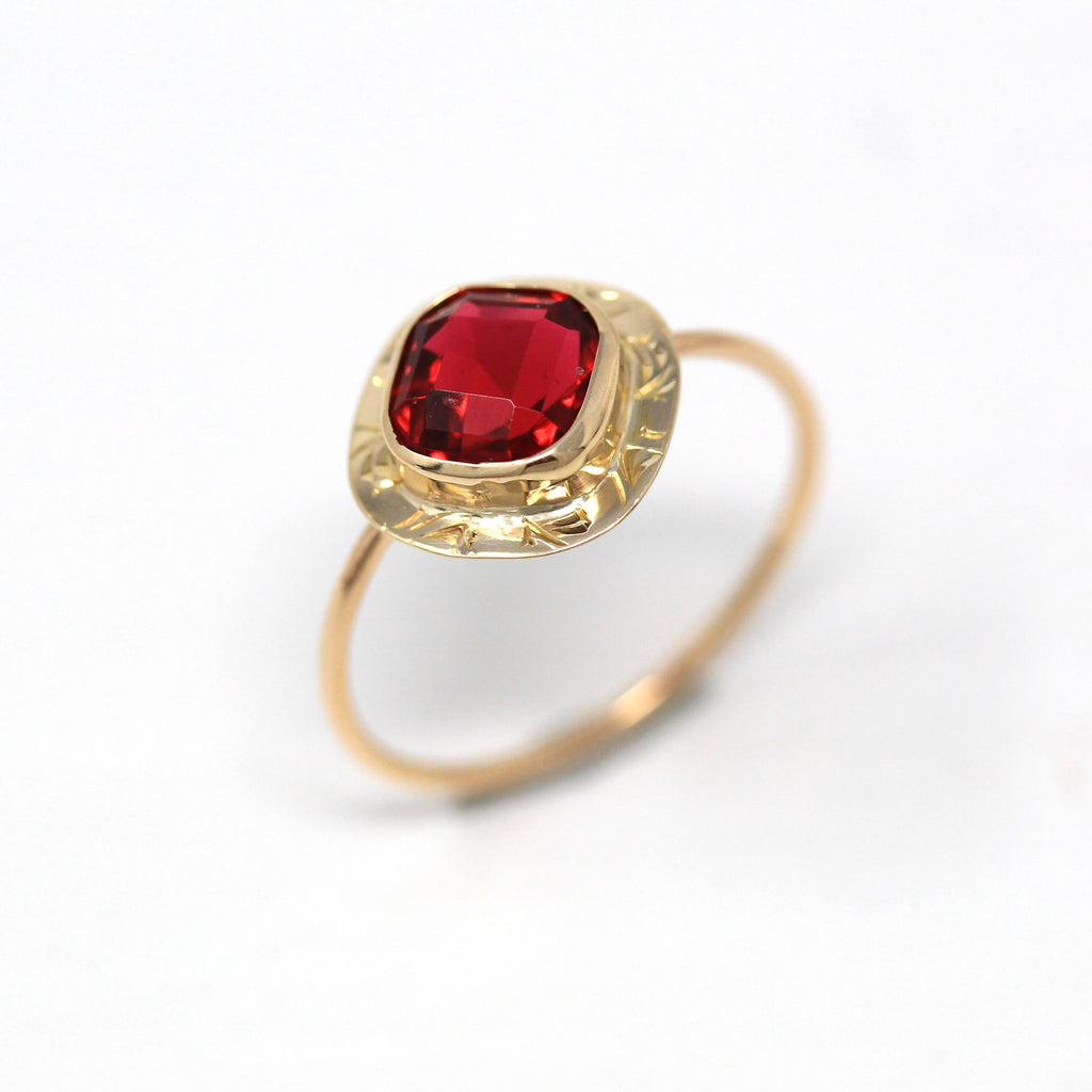 Stick Pin Conversion Ring - Antique Edwardian Era 10k Yellow Gold Simulated Ruby Red Glass - Vintage 1910s Era Size 5 1/4 Fine Jewelry