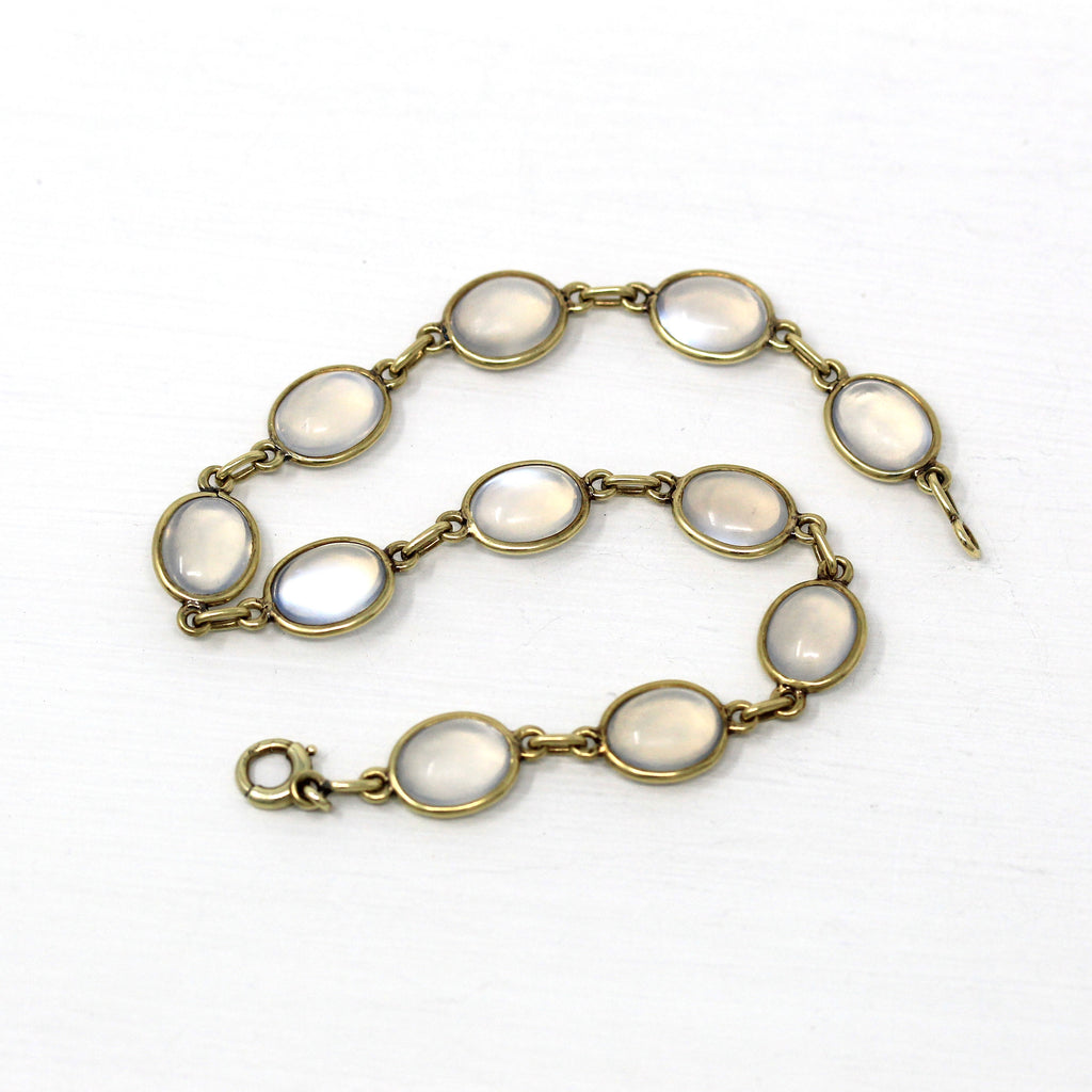 Genuine Moonstone Bracelet - Retro 14k Yellow Gold Cabochon Cut 14.90 CTW Gemstones - Vintage Circa 1940s Era Statement 40s Fine Jewelry
