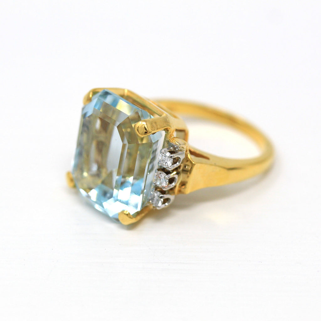Aquamarine & Diamond Ring - Estate 14k Yellow Gold Emerald Cut 16.07 CT Blue Gem - Modern Size 6 3/4 Diamond Fine Cocktail Jewelry