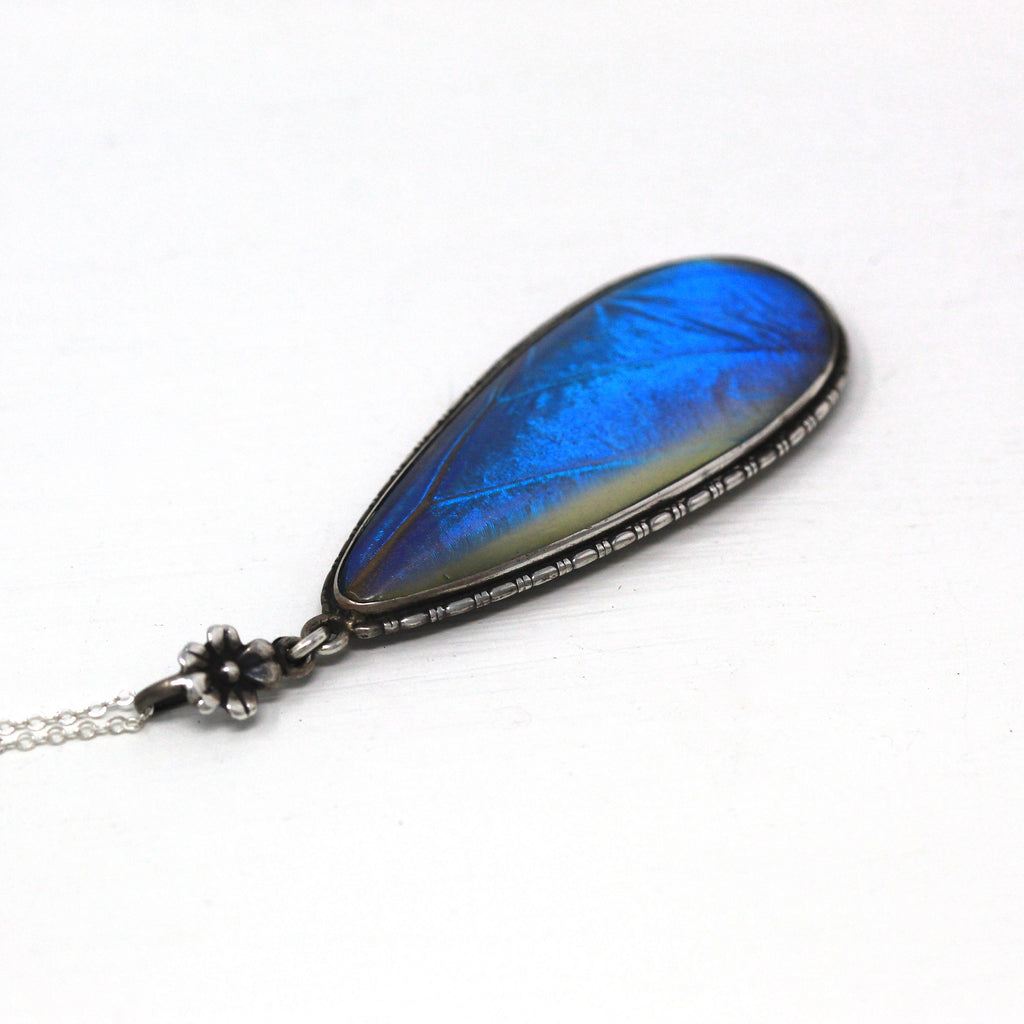 Morpho Butterfly Pendant - Vintage Art Deco Era Sterling Silver Blue Wing Necklace Statement - Circa 1930s Large Charm England 30s Jewelry