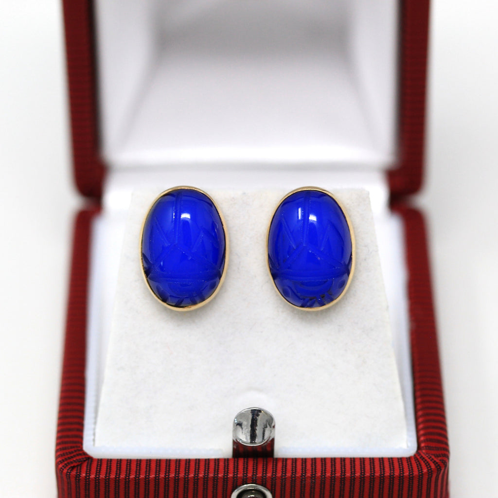 Vintage Scarab Earrings - Retro 14k Yellow Gold Carved Genuine Blue Chalcedony Gem - Circa 1960s Era Egyptian Revival Style Beetle Jewelry